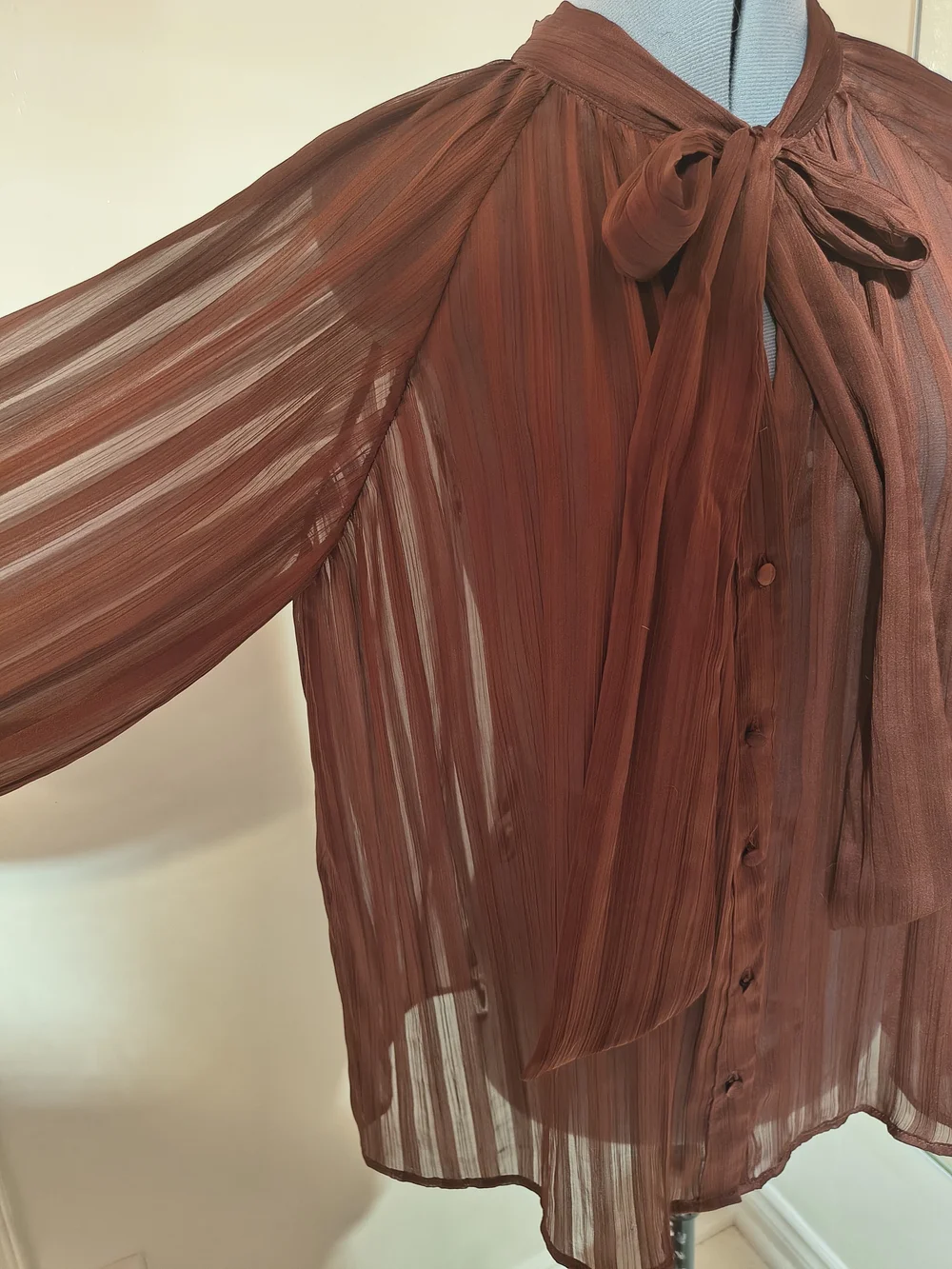 Zara Rust Sheer Long-Sleeve Tie-Neck Blouse - Picture 3 of 10